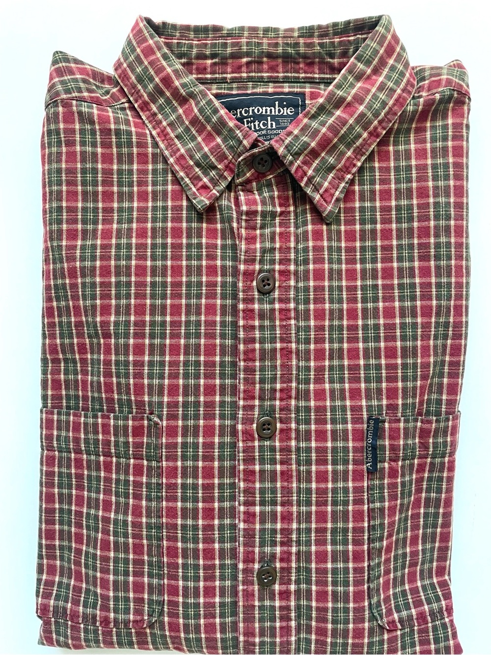 Abercrombie & Fitch Men's Heavyweight Red + Green Plaid Button-Down Shirt